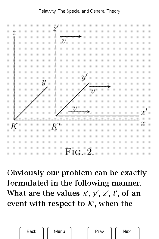 Ferris Reader rendering a coordinate-system diagram from Einstein's Relativity