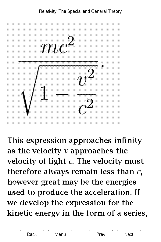 Ferris Reader rendering Einstein's kinetic-energy equation inline with text